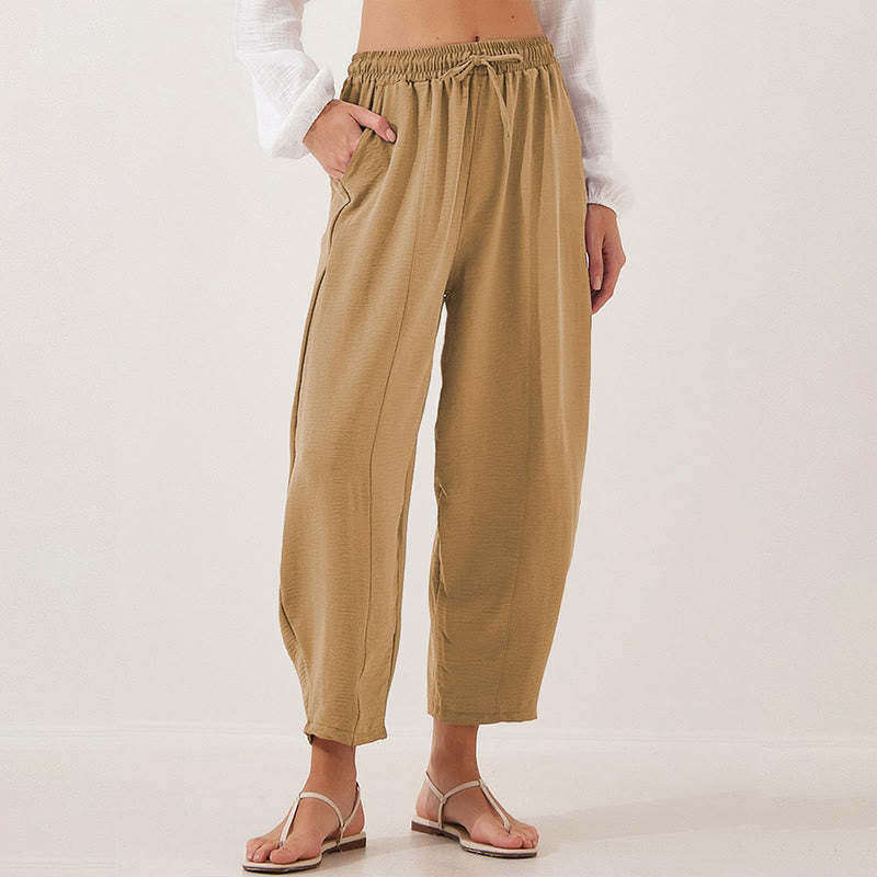 Casual Plain Loose Drawstring Women's Polyester 7/8 Length Pants  With Pockets