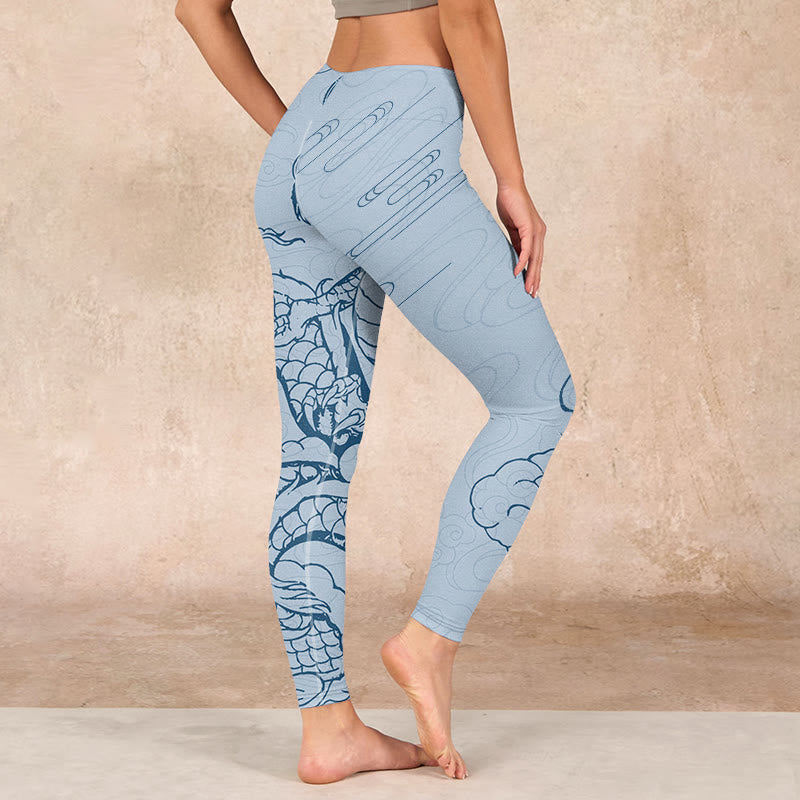 Blue Soaring Dragon Swirling Clouds Print Gym Leggings Women's Yoga Pants