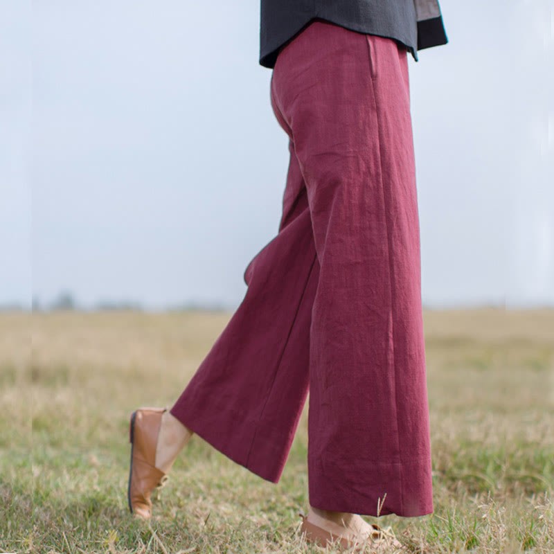 Casual Plain Loose Women's Ramie Wide Leg Pants With Pockets
