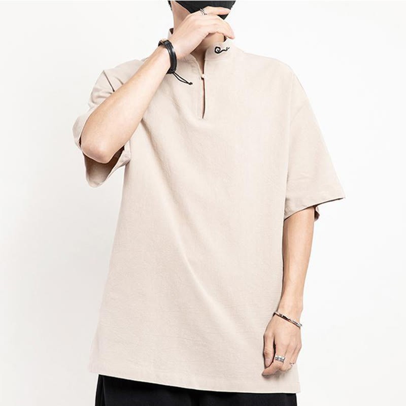 Chinese Tang Suit Embroidery Half Sleeve Shirt Linen Men Clothing