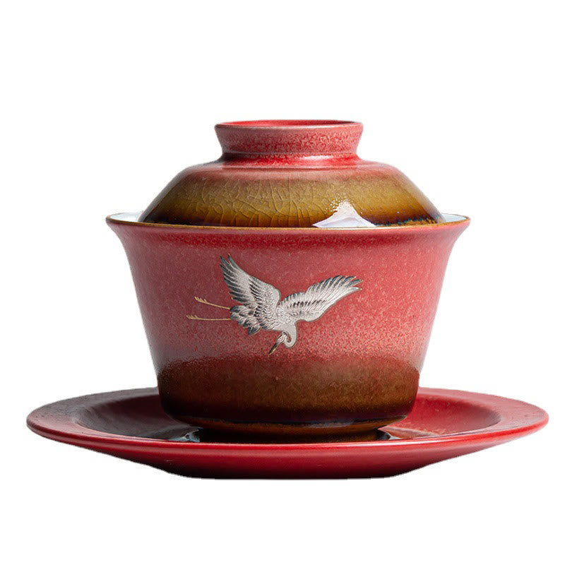 Red Auspicious Crane Ceramic Gaiwan Sancai Teacup Kung Fu Tea Cup And Saucer With Lid