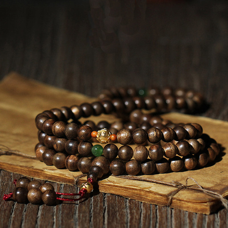 999 Gold 108 Mala Beads Kalimantan Agarwood Cyan Jade Six True Words Strength Bracelet