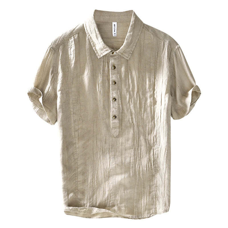 Causal Plain Lapel Ramie Linen Half Button Men's Shirt