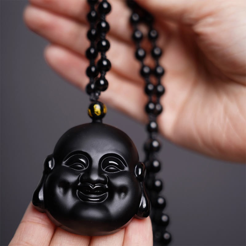 Natural Black Obsidian Laughing mystic zen Purification Necklace Pendant