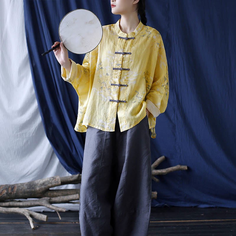 Yellow Phoenix Print Frog-button Design Long Sleeve Ramie Linen Jacket Shirt