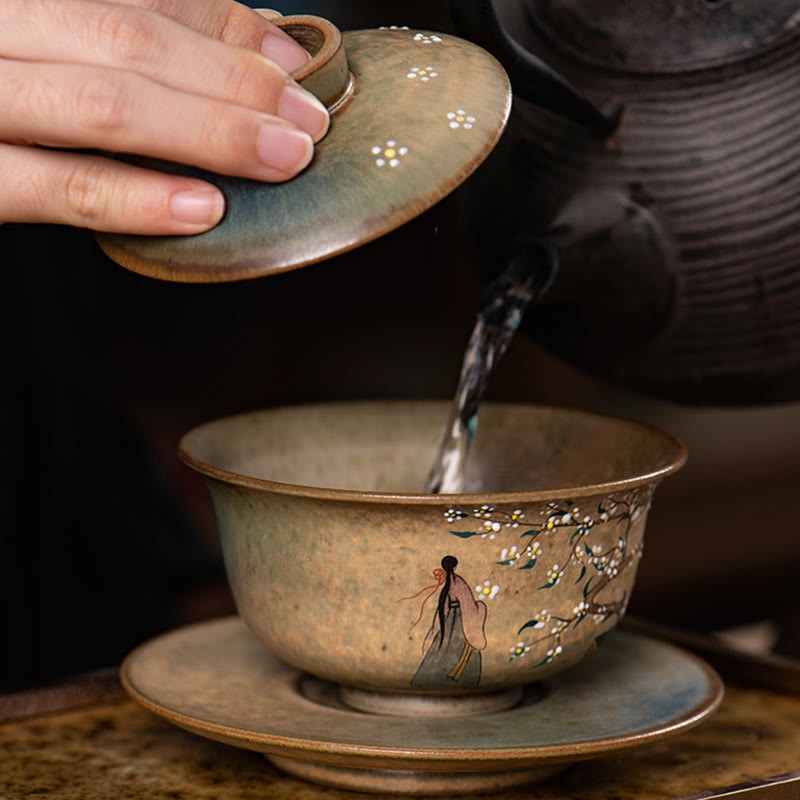 Jingdezhen Hand Painted Ru Kiln Porcelain Hanfu Girl Flower Ceramic Gaiwan Sancai Teacup Kung Fu Tea Cup And Saucer With Lid