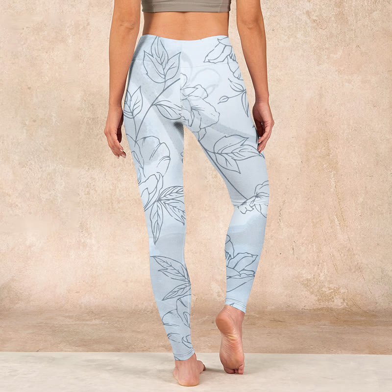 Peony Flower Leaves Print Gym Leggings Women's Yoga Pants