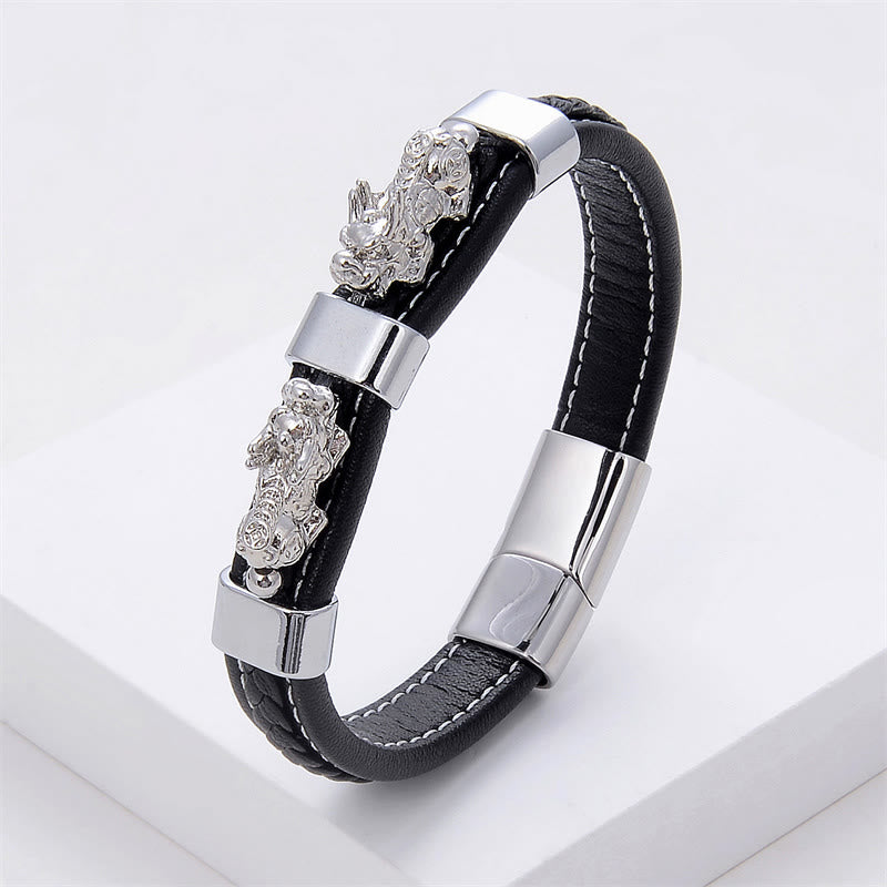 Double PiXiu Wealth Luck Leather Magnetic Buckle Bracelet