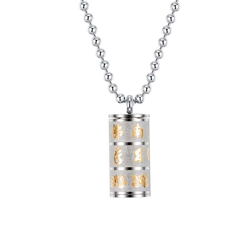 Tibetan Om Mani Padme Hum Lotus Pattern Prayer Wheel Titanium Steel Peace Necklace Pendant