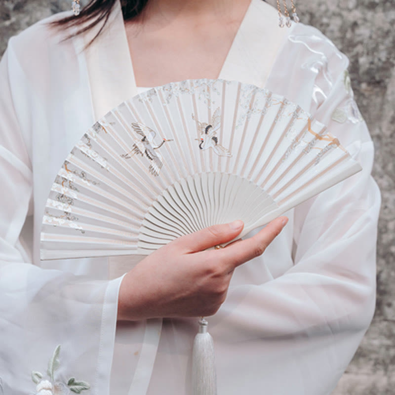 Crane Plum Blossom Handheld Silk Bamboo Folding Fan