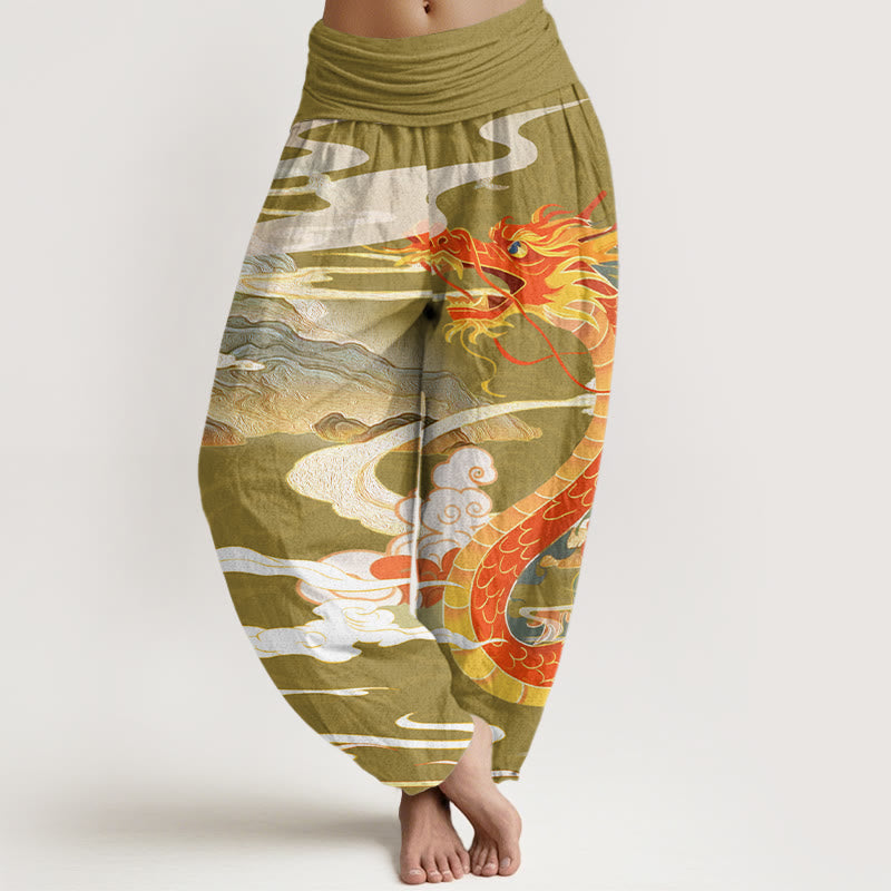 Dragons Auspicious Clouds?pattern Women's Elastic Waist Harem Pants