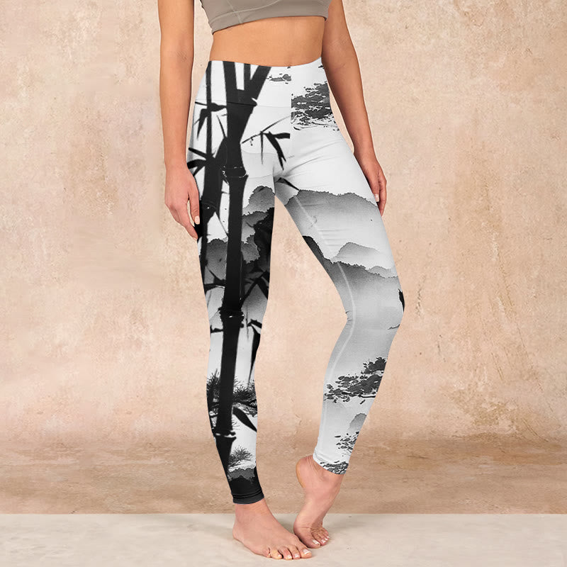 Ink Painting Bamboo Pine Mountain Scenery Print Gym Leggings Women's Yoga Pants