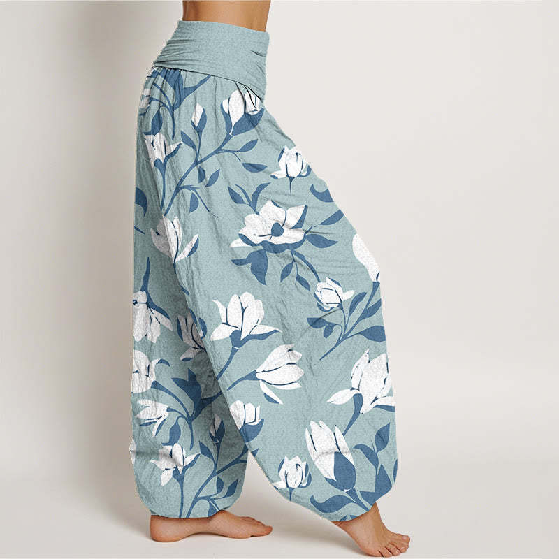 Retro Magnolia Flowers Women's Elastic Waist Harem Pants