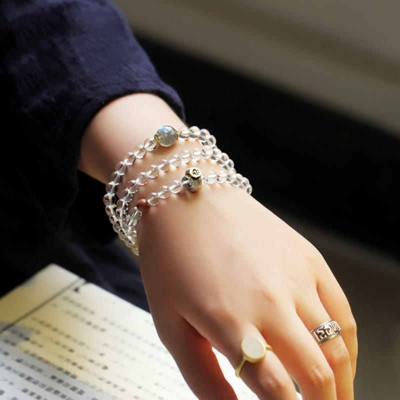 925 Sterling Silver Chinese Zodiac Natal mystic zen White Crystal Meditation Triple Wrap Bracelet