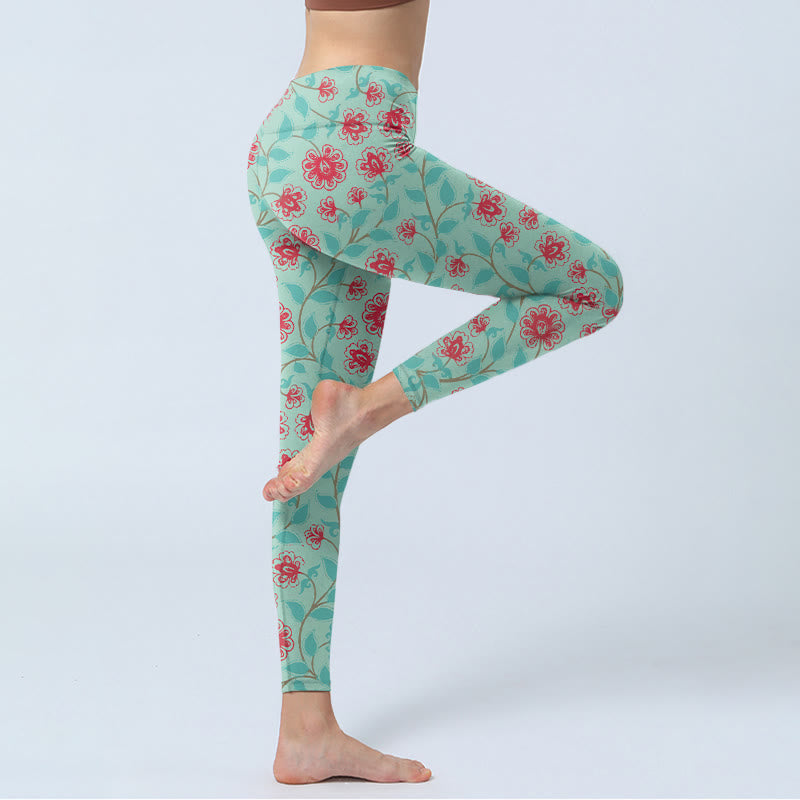 Vine Leaves Blossom Print Gym Leggings Women's Yoga Pants