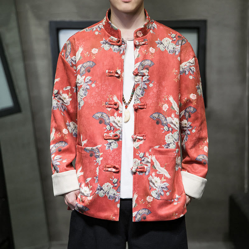 Chinese New Year Clothes Flowers Fan Birds Frog-button Tang Suit Cotton Men's Jacket Shirt With Pockets