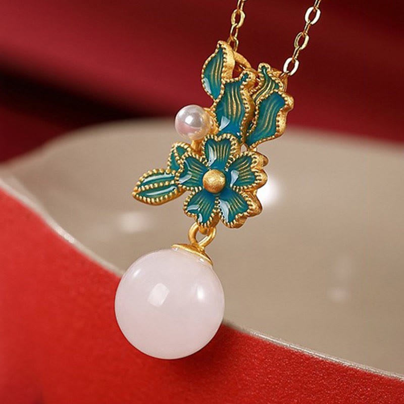 White Jade 925 Sterling Silver Pearl Flower Blessing Necklace Pendant Ring Earrings