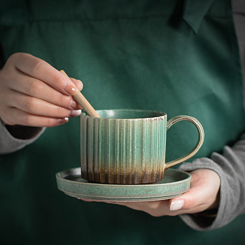 Retro Striped Kiln Change Ceramic Coffee Mug Rough Pottery Tea Coffee Cup With Saucer 250ml