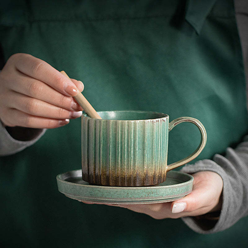 Retro Striped Kiln Change Ceramic Coffee Mug Rough Pottery Tea Coffee Cup With Saucer 250ml