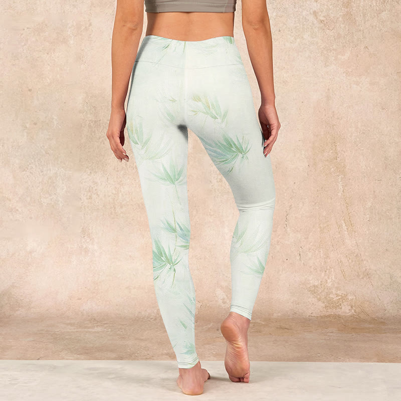 Green Bamboo Leaves Print Sports Leggings Women's Yoga Pants