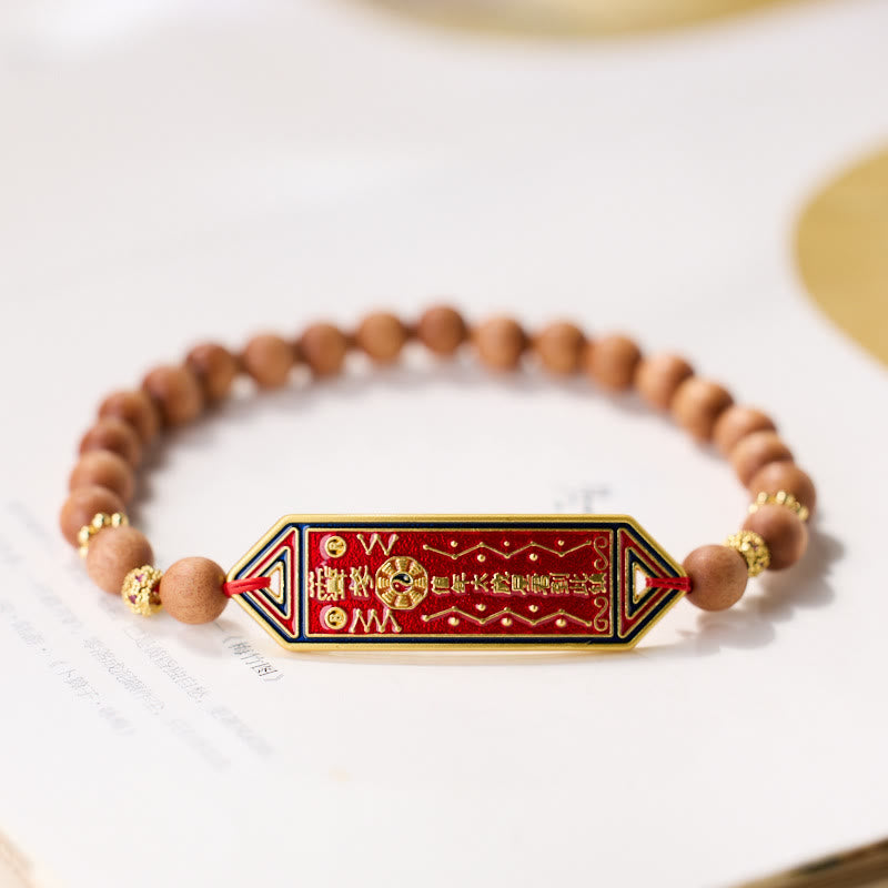 Sandalwood Wood Bead Gold Plated Copper Bagua Yin Yang Chinese Character Harmony Bracelet