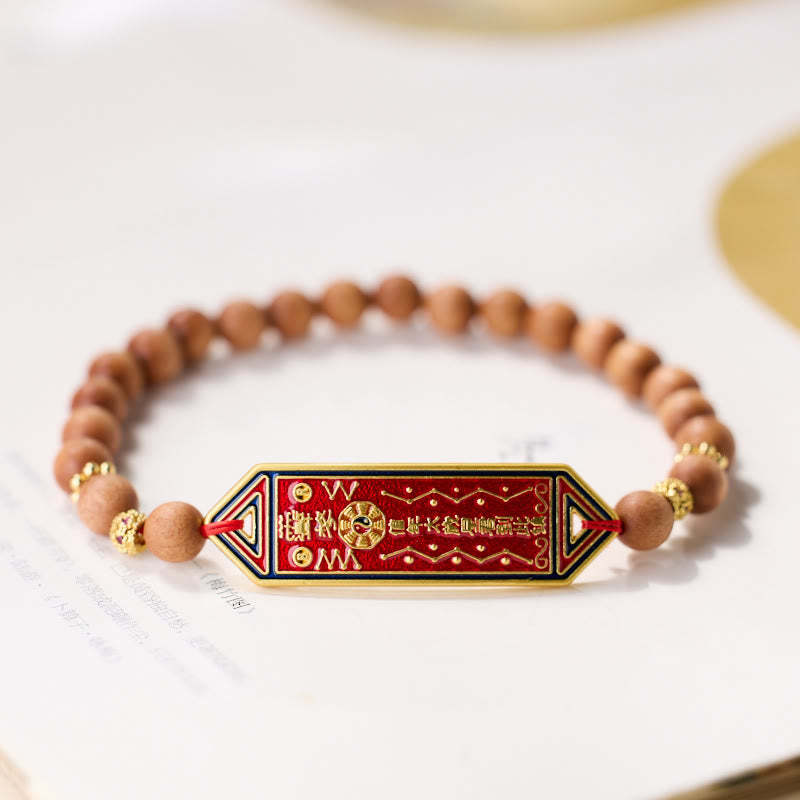 Sandalwood Wood Bead Gold Plated Copper Bagua Yin Yang Chinese Character Harmony Bracelet