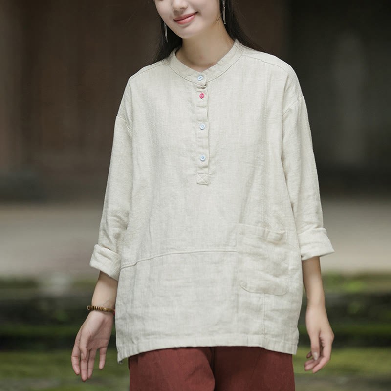 Solid Color Long Sleeve Ramie Linen Half Button Women's Shirt