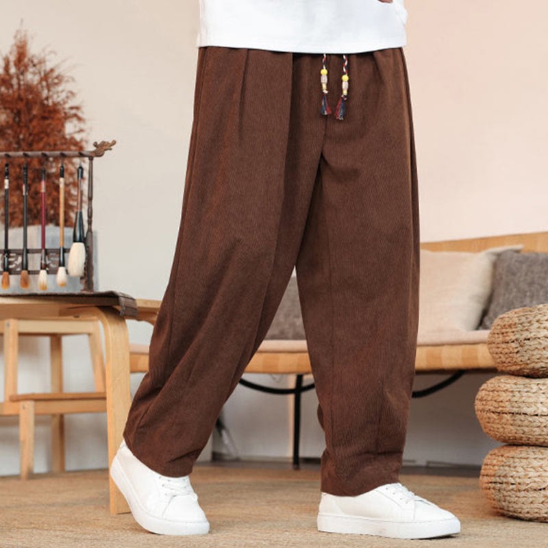 Fall Winter Men's Drawstring Corduroy Solid Pants With Pockets