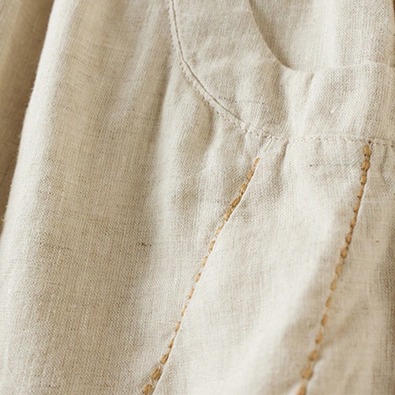 Wild Simple Design Embroidery Drawstring Cotton Linen Women's Shorts With Pockets