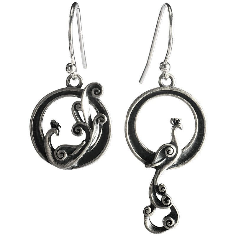 925 Sterling Silver Round Asymmetry Peacock Fortune Earrings