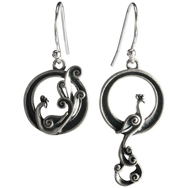 925 Sterling Silver Round Asymmetry Peacock Fortune Earrings