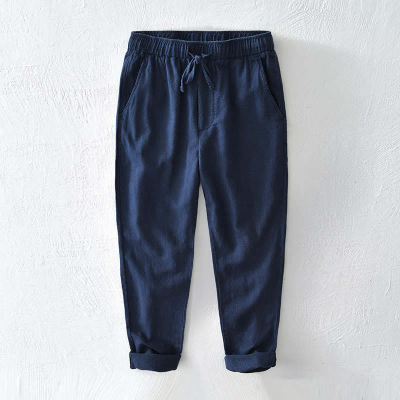 Casual Solid Color Simple Design Drawstring Ramie Linen Men's Pants With Pockets