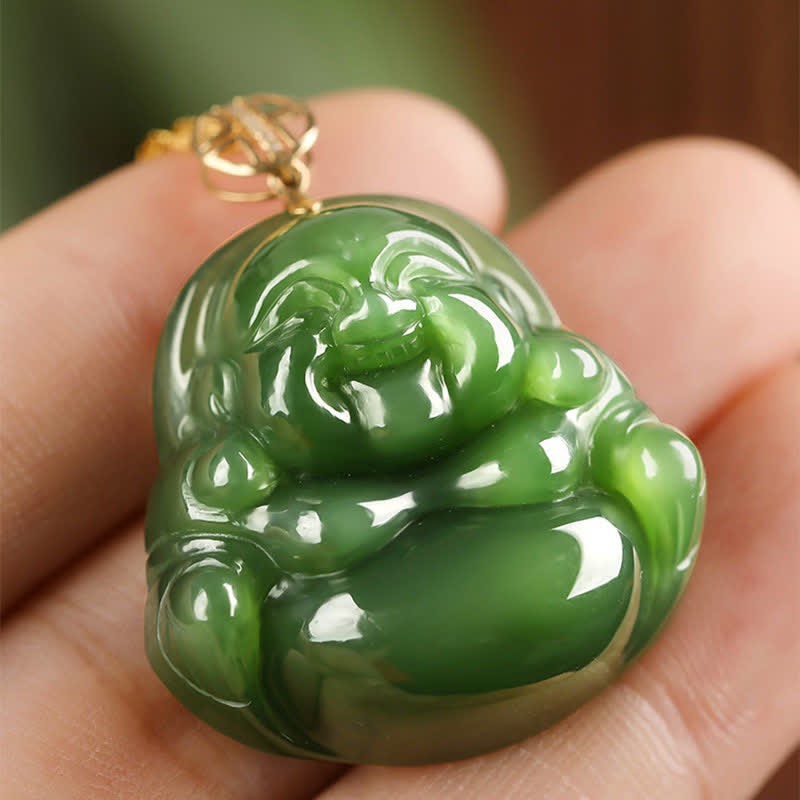 925 Sterling Silver Laughing mystic zen Hetian Cyan Jade 18K Gold Success Necklace Chain Pendant