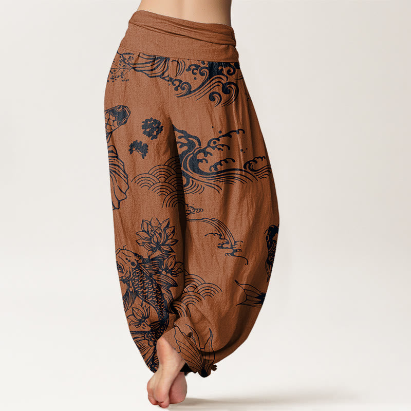 Koi Fish Waves Lotus Flowers Design Women's Elastic Waist Harem Pants