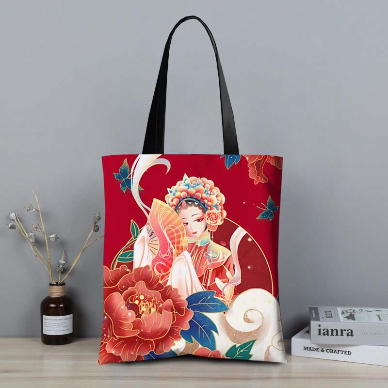 Crane Peony Chinese Character Hua Dan Canvas Zipper Shoulder Bag