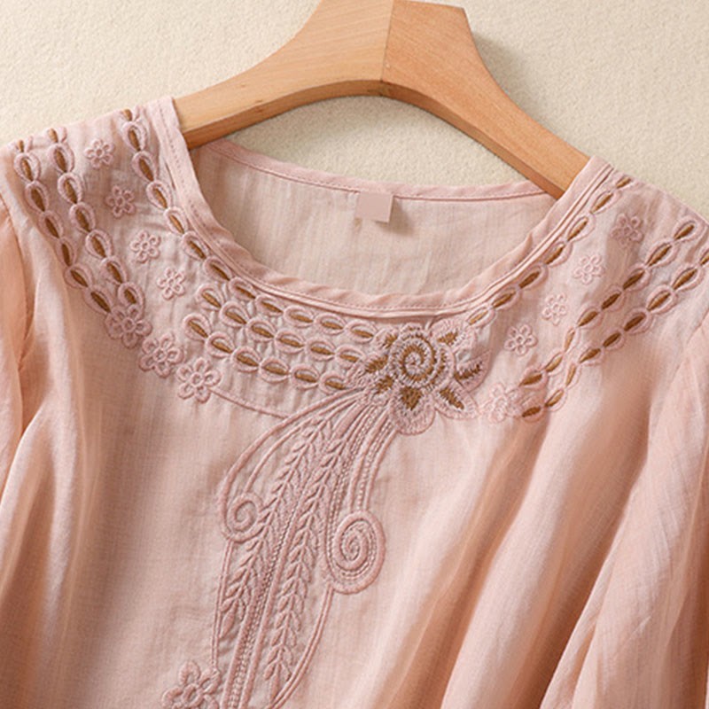 Artistic Plain Floral Embroidered Design Crew Neck Puff Half Sleeve Cotton Linen Women's T-Shirt