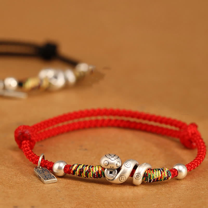 999 Sterling Silver Year of the Snake Handmade Lucky Fortune Fu Character Copper Coin Blessing Bracelet