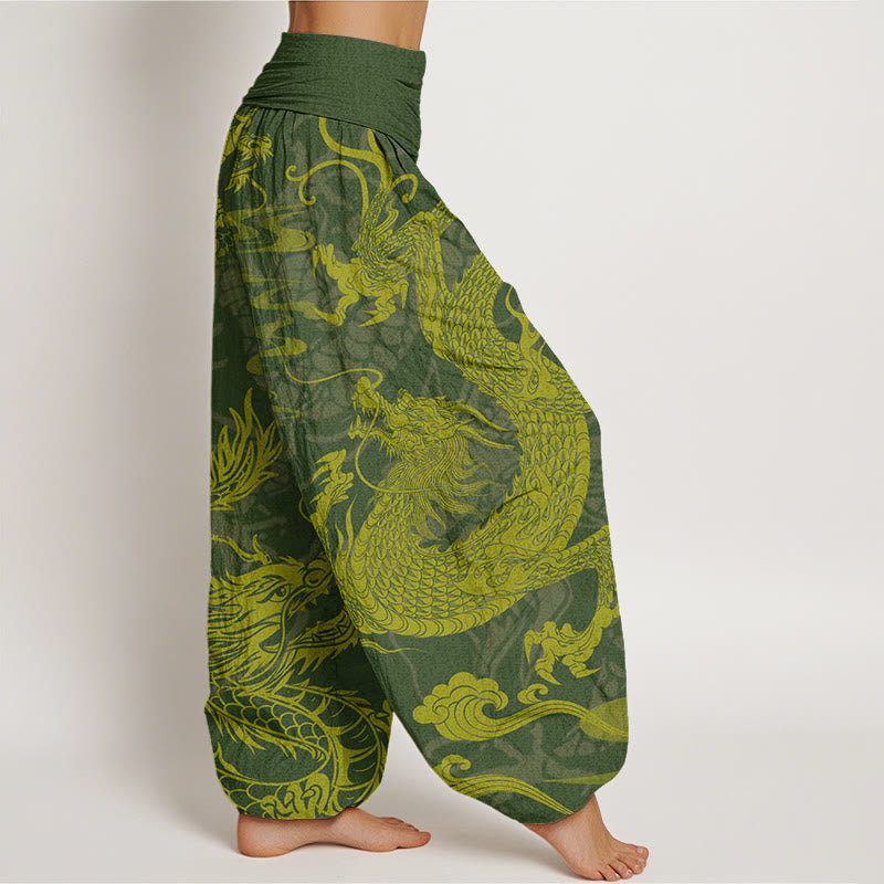 Dragon Auspicious Clouds Women's Elastic Waist Harem Pants