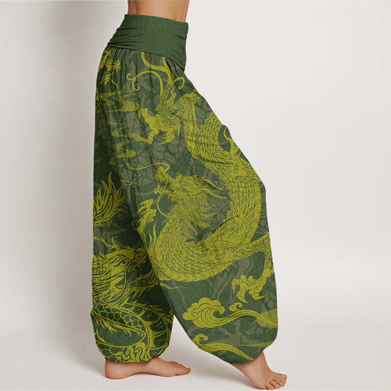 Dragon Auspicious Clouds Women's Elastic Waist Harem Pants