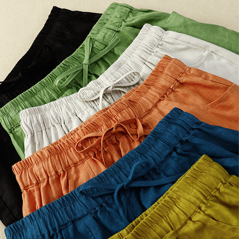 Casual Solid Color Side Hollow Design Lace-up Cotton Linen Women's Shorts With Pockets