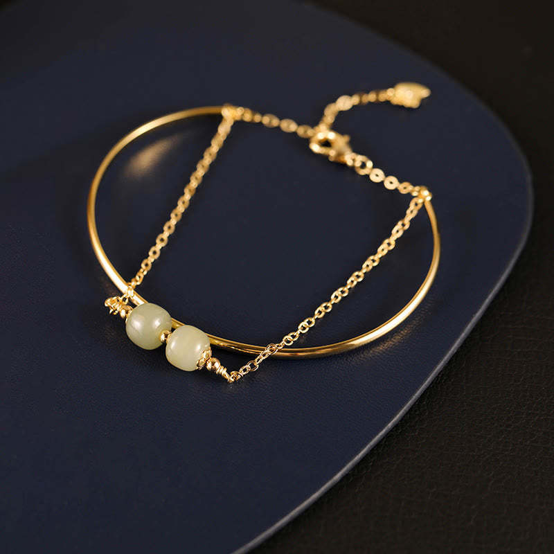 Copper Plated Gold Hetian Jade Bead Luck Double Layer Bracelet Bangle