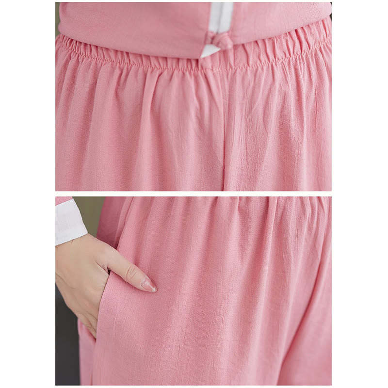 2Pcs Vintage Long Sleeve Shirt Top Pants Meditation Zen Tai Chi Cotton Linen Clothing Women's Set