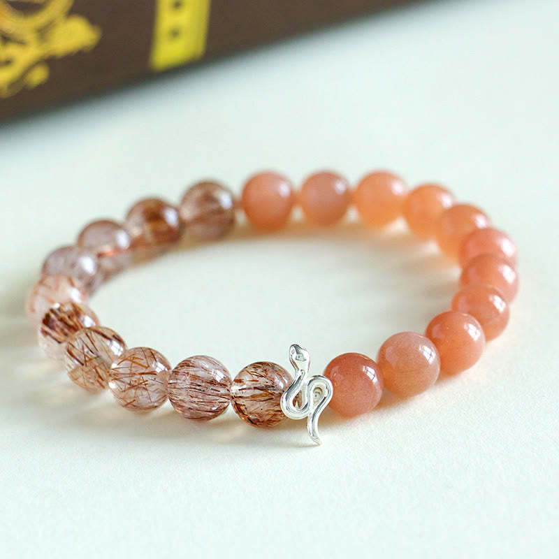 Natural Sun Stone Super Seven Crystal Silver Sheen Obsidian Rutilated Quartz 925 Sterling Silver Year Of The Snake Positive Bracelet