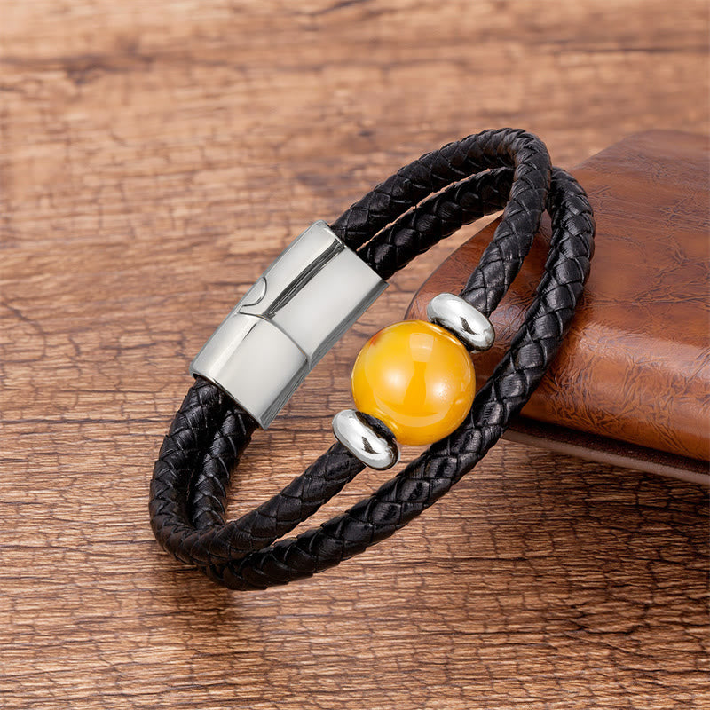 Black Onyx Sardonyx Agate Beads Support Leather Bracelet