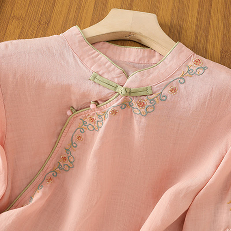Casual Women's Embroidered Flower Stand Collar Design Three Quarter Sleeve Cotton Linen Shirt