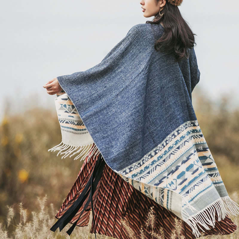 Tibetan Geometric Rhombus Pattern Tassels Shawl Fall Winter Warm Cozy Scarf Wrap