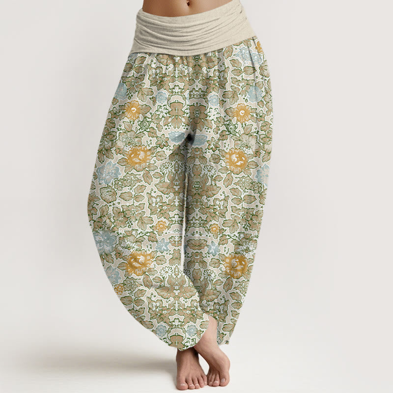 Casual Colorful Hibiscus Plant Pattern Women's Elastic Waist Harem Pants
