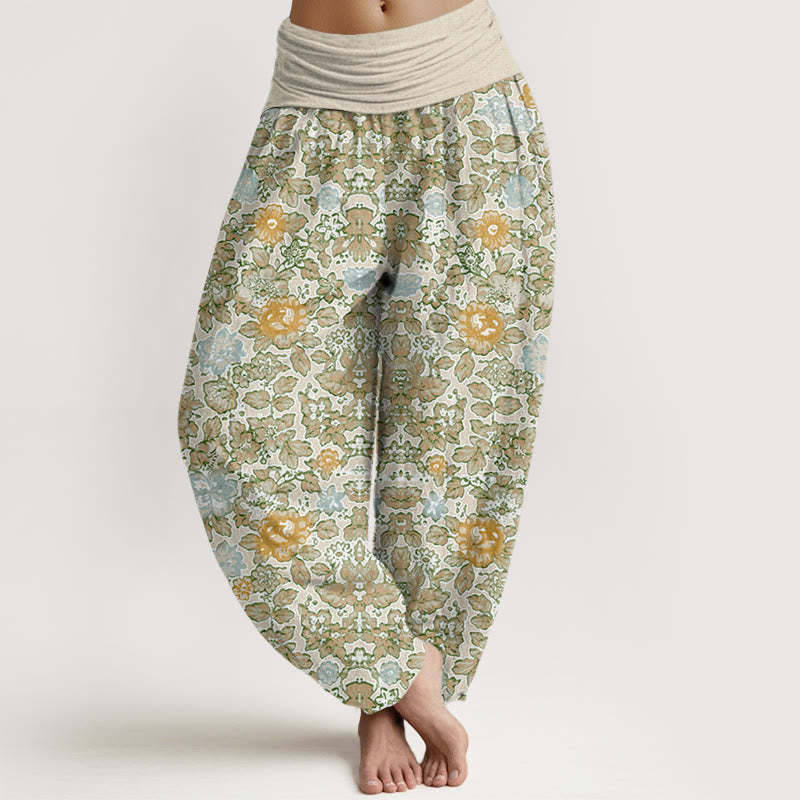 Casual Colorful Hibiscus Plant Pattern Women's Elastic Waist Harem Pants