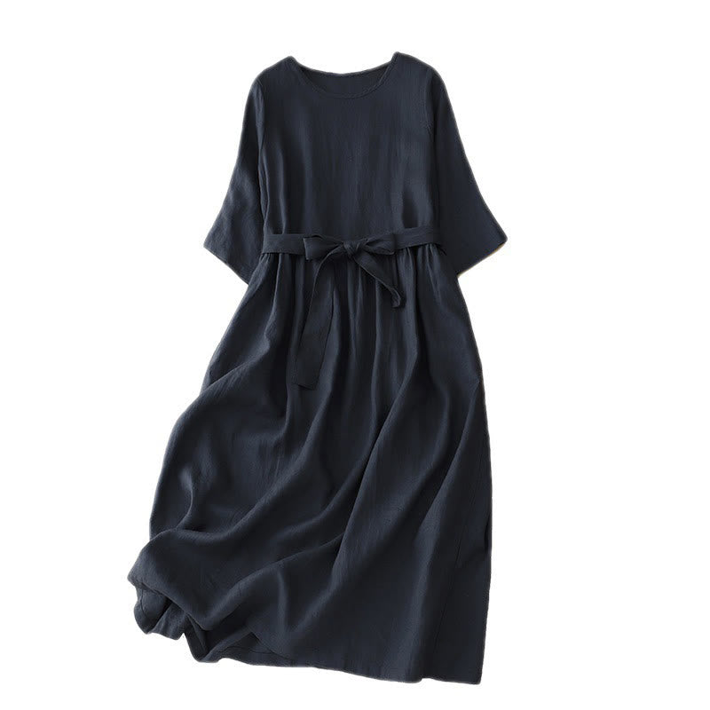 Casual Plain Crew Neck Lace-up Half Sleeve Cotton Linen Midi Dress With Pockets