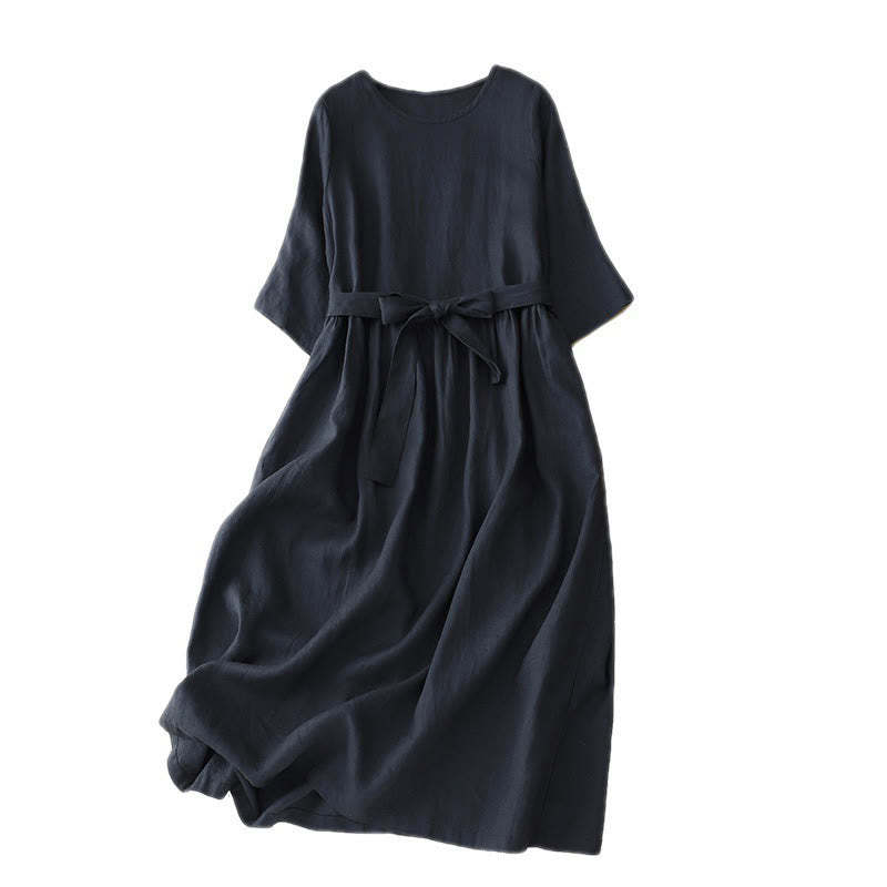 Casual Plain Crew Neck Lace-up Half Sleeve Cotton Linen Midi Dress With Pockets